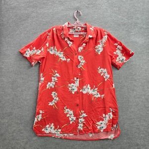 Volcom Women Top XL Red Floral Retro Resort Button Up Tunic Hawaiian Collar